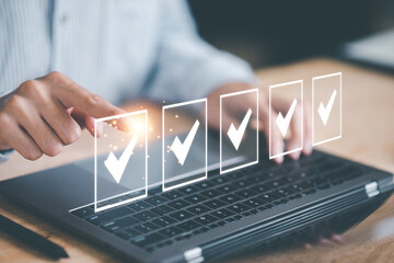 operator makes mark on the survey topic ,In virtual form check sheet, checklist ideas, checkbox to conduct opinion and quality surveys or satisfaction, Connect and work with modern wireless technology