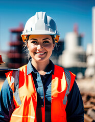 Wall Mural - Woman wearing hard hat on a construction site. Made with Generative AI.