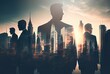 Double exposure illustration of silhouettes of business team people on city background. Generative AI