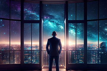 Wall Mural - Back view of businessman suit standing at office looking at night city through panoramic window. Generative AI