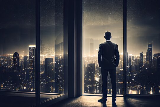 back view of businessman suit standing at office looking at night city through panoramic window. gen