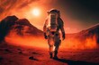 © iridescentstreet - Astronaut in space suit on Mars exploration mission, concept of colonization, discovery, space travel. Generative AI