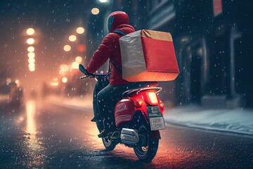 Wall Mural - Food delivery. Courier with backpack driving scooter on winter street. Generative AI