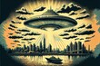 Alien invasion, UFO flying in the sky, concept of evidence and sighting, retro illustration. Generative AI