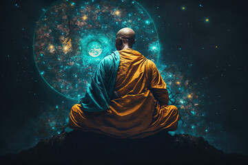 Wall Mural - Buddha meditating in the universe, monk contemplating a beautiful cosmos. Buddhism, spirituality . Illustration, generative AI. 