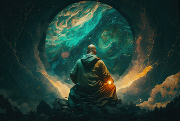 Wall Mural - Buddha meditating in the universe, monk contemplating a beautiful cosmos. Buddhism, spirituality . Illustration, generative AI. 