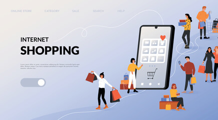 Fototapete - Online shopping landing. Internet app for customers. Consumer with shop bags. Happy people buy clothing. Electronic commerce. Digital purchases concept. Vector website design template
