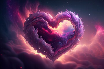 Wall Mural - Dreamy illustration of pink and purple heart shaped clouds in space, galaxy with stars. Generative AI