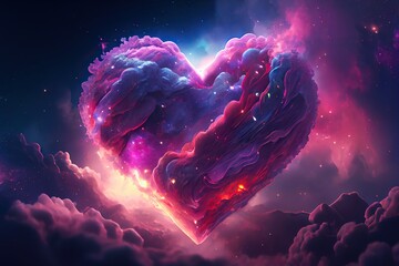 Wall Mural - Dreamy illustration of pink and purple heart shaped clouds in space, galaxy with stars. Generative AI