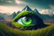 Human eye reflecting green landscape with beautiful nature inside. Generative AI
