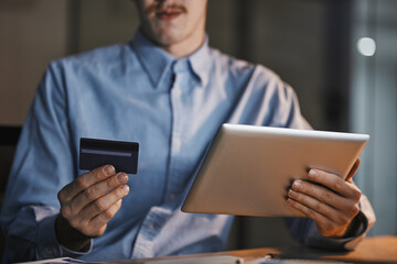 Aufkleber - Business, online shopping and hands with credit card and tablet in office for virtual purchase, payment and sale. Ecommerce, finance technology and man with digital tech for internet banking app