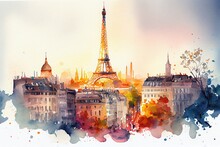 Panoramic View Painting Of Spring Paris With Eiffel Tower, Postcard Watercolor Illustration. Generative AI