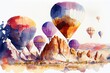 Colorful watercolor illustration of hot air balloons flying above Cappodocia ancient town in Turkey. Generative AI