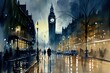 Digital watercolor painting of rainy London street with Big Ben Tower on background. Generative AI