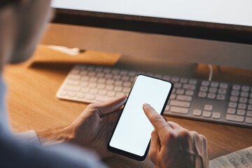 Aufkleber - Phone screen, mockup and business hands in night trading, stock market research and fintech on mobile app. Website, investment analytics and person on smartphone, technology and product placement