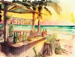 Watercolor painting of tropical cocktails on beach bar counter. Generative AI