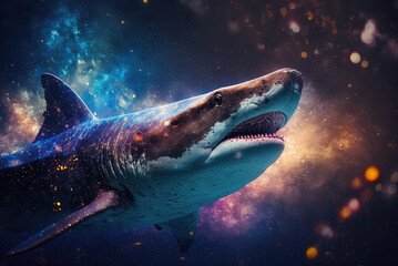  Shark in space, milky way, colorful. Generative AI.