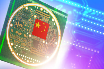 Poster - Chip with China logo. Micro chip fabrication at PRC. High-tech industry of Peoples Republic of China. Production of microchips in Chinese factories. Export of chip from China. 3d image.