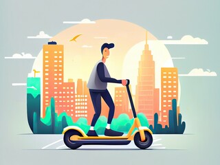 Woman riding electric scooter on city background, cartoon flat illustration. Generative AI