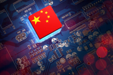 Poster - Digital board with China flag. Electronic board of Chinese origin. PRC symbol on microprocessor. PCB from China. Fragment digital board under magnifying. Microprocessor made in China. 3d image