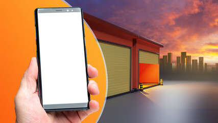 Poster - Warehouse garages. Phone with blank screen in hand. Rental storage room. Copy space on white. Storage Units away from city. Concept of renting Storage Units through phone. Storehouses in evening