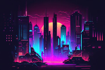 Wall Mural - Flat illustration of futuristic city in neon colors. Generative AI