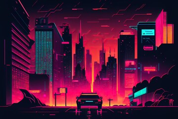 Wall Mural - Flat illustration of futuristic city in neon colors. Generative AI