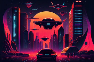 Wall Mural - Flat illustration of futuristic city in neon colors. Generative AI