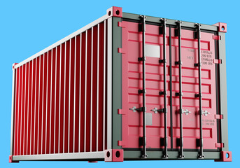 Cargo container 20ft. Closed sea container on blue. Metal box for transportation. Red cargo container. Tare for freight transportation service. Sea tare production concept. 3d image.