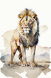 A watercolor painting of lion in the middle of a big white field on white background. Generative AI.
