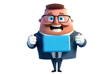 3d cartoon character cute smiling businessman with holding using tablet computer, isolated on white background, full body person, image ai midjourney generated