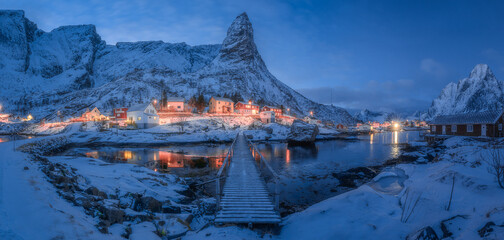 Natural landscapes in winter at dusk in Reine village, one of the most popular village in Lofoten Islands, Norway