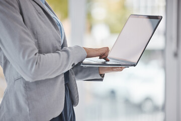 Poster - Hands, corporate or employee with laptop for investment schedule, calendar or stock market trading in office. Finance, thinking or networking tech for budget planning cryptocurrency on software app