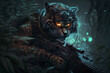 The tiger in a sniper uniform is hiding in the dark forest. The tiger lurks among the trees, its penetrating gaze sweeping around, ready for any potential threat. Generative AI.