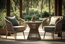 Group Of Outdoor Furniture Rattan Armchairs With Table On Terrace Generative Ai