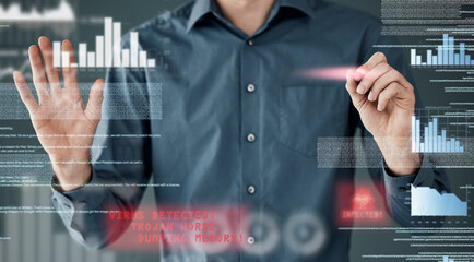 Leinwandbilder - Cyber security, hacker and hands of man and coding for software, augmented reality and phishing. Cloud computing, matrix and website with programmer for password, technology and data hacking