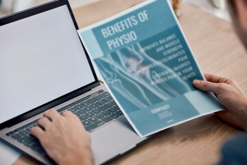 Poster - Man, hands and laptop with screen on mockup for physiotherapy research, typing or search on table. Hand of male searching online for remedy, pain relief or therapist advice on computer display