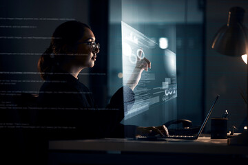 Fototapete - Futuristic, hologram and laptop with business woman at night for software, augmented reality and digital transformation. Developer, 3d and overlay with employee for technology and cloud computing