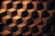 A hexagonal wall made entirely of natural tiles. Blocks of wood with a satiny finish serve as the backdrop. Generative AI
