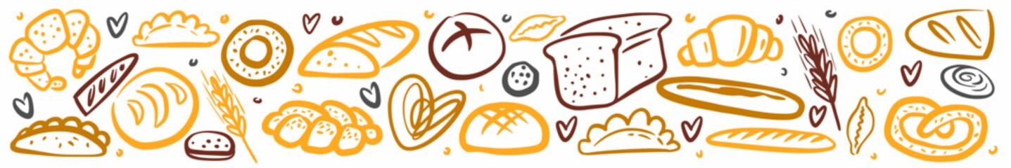 Horizontal collection of bread pastries, hand-drawn in the style of a doodle