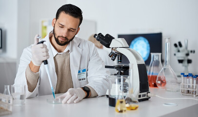 Aufkleber - Healthcare, man and serious in laboratory, test tube and results for experiment, medical and research. Science, male researcher and scientist with glass equipment, breakthrough and petri dish