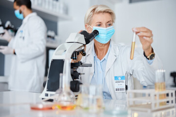 Poster - Science, microscope and woman face mask, test tube analysis of bacteria, virus or liquid solution in laboratory. Health research, medical vaccine or medicine scientist, expert of pharmaceutical data