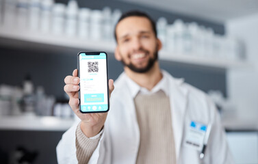 Canvas Print - Screen, phone and science man with test results, QR code and drugs, virus or medical research in laboratory. Smartphone, mobile app ux and negative feedback of online scientist or doctor data review