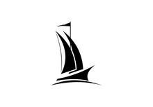 Linear Drawing Of A Sailboat In The Waves. Illustration Of A Yacht At Sea. Sailboat In The Sea Logo. Boat With Sails On The Waves
