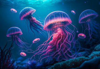 Wall Mural - jellyfish in the sea created with Generative AI technology