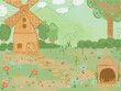 Natural summer background with mill, doghouse with green grass and flowers