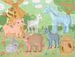 Farm Animals over natural background, cartoon funny illustration for kids