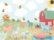Farm Animals over natural background, cartoon funny illustration for kids