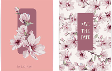 Wall Mural - Wedding invitation or greeting card  with Magnolia flowers vector elements