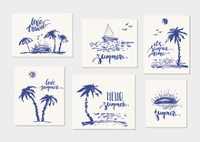 Hand Drawn Beach And Sea Coast Scenes In Navy Blue Color With Palms, Sun, Yacht, Waves.